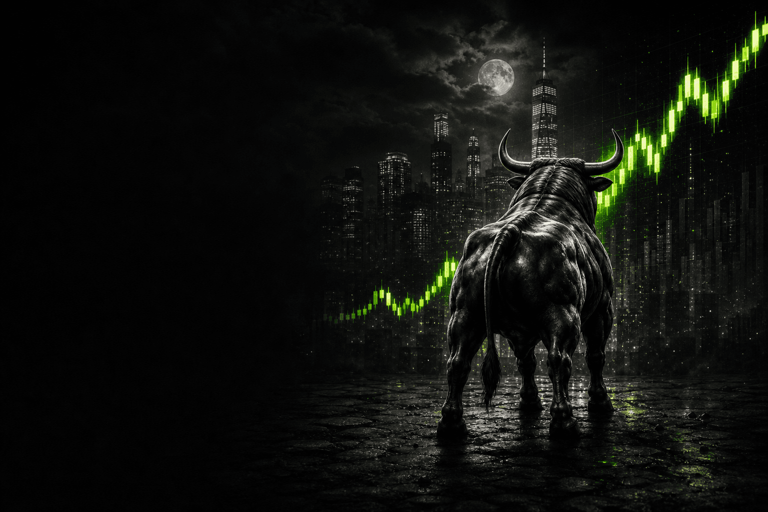 Bull facing the city skyline with a rising green chart