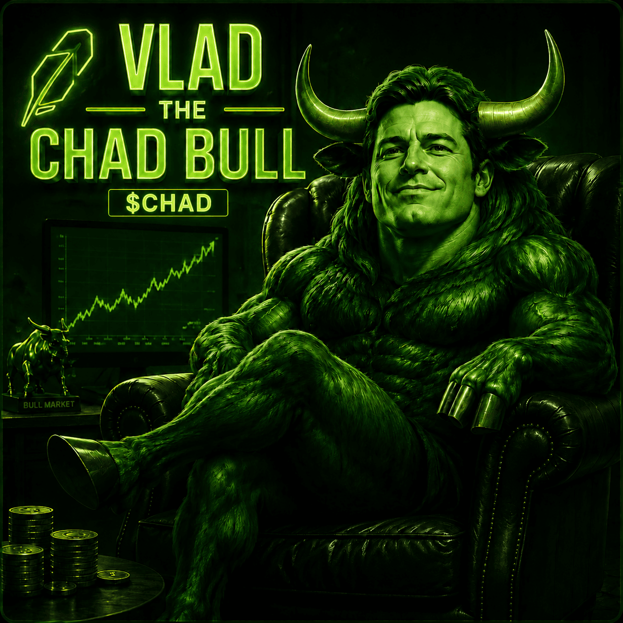 Vlad the Chad Bull sitting on his throne, holding $CHAD
